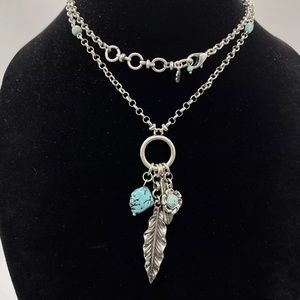 Lucky Brand Necklace Silvertone Faux Turquoise Feathers 28.5" to 30" Boho